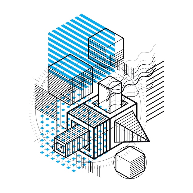 Isometric abstract background with lines and other different elements, vector abstract template. Composition of cubes, hexagons, squares, rectangles and different abstract elements.