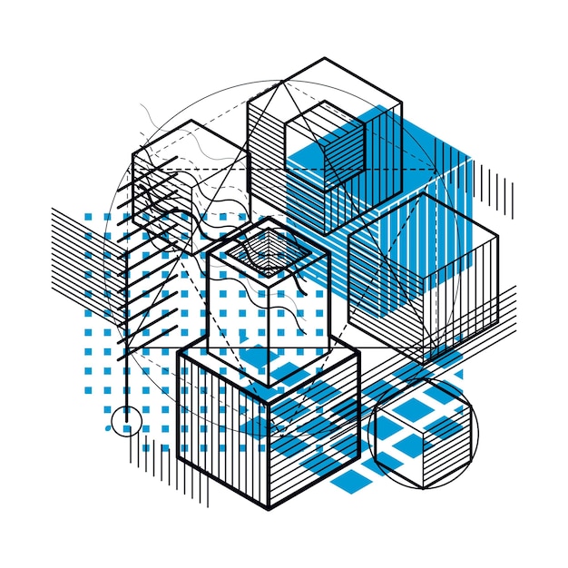 Isometric abstract background with lines and other different elements, vector abstract template. Composition of cubes, hexagons, squares, rectangles and different abstract elements.