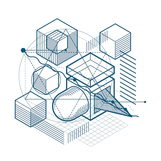 Isometric abstract background with lines and other different elements, vector abstract template. Composition of cubes, hexagons, squares, rectangles and different abstract elements.