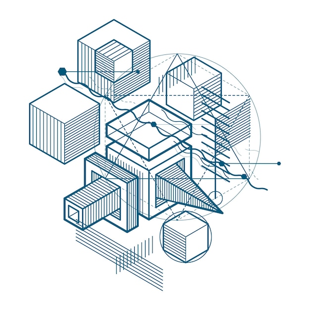 Isometric abstract background with lines and other different elements, vector abstract template. Composition of cubes, hexagons, squares, rectangles and different abstract elements.