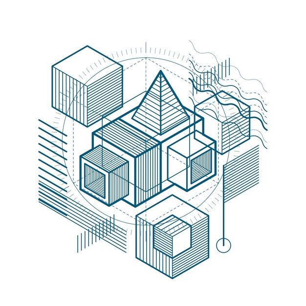 Sfondio astratto isometrico con linee e altri elementi diversi, modello astratto vettoriale. composizione di cubi, esagoni, quadrati, rettangoli e diversi elementi astratti.