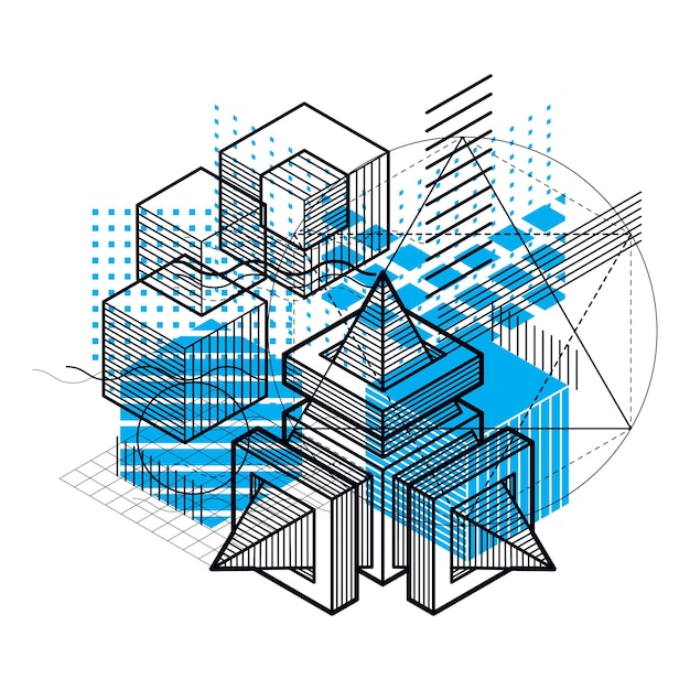 선 및 기타 다른 요소가 있는 아이소메트릭 추상 배경, 벡터 추상 템플릿. 큐브, 육각형, 정사각형, 직사각형 및 다양한 추상 요소로 구성됩니다.