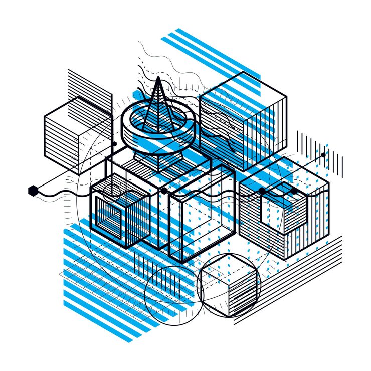 Vector isometric abstract background with lines and other different elements, vector abstract template. composition of cubes, hexagons, squares, rectangles and different abstract elements.