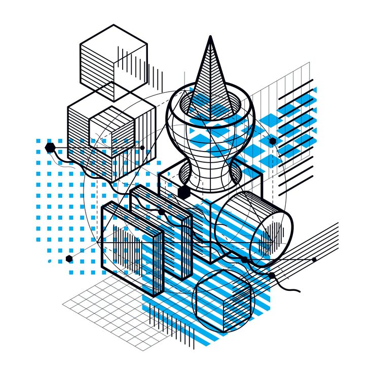 Vector isometric abstract background with lines and other different elements, vector abstract template. composition of cubes, hexagons, squares, rectangles and different abstract elements.