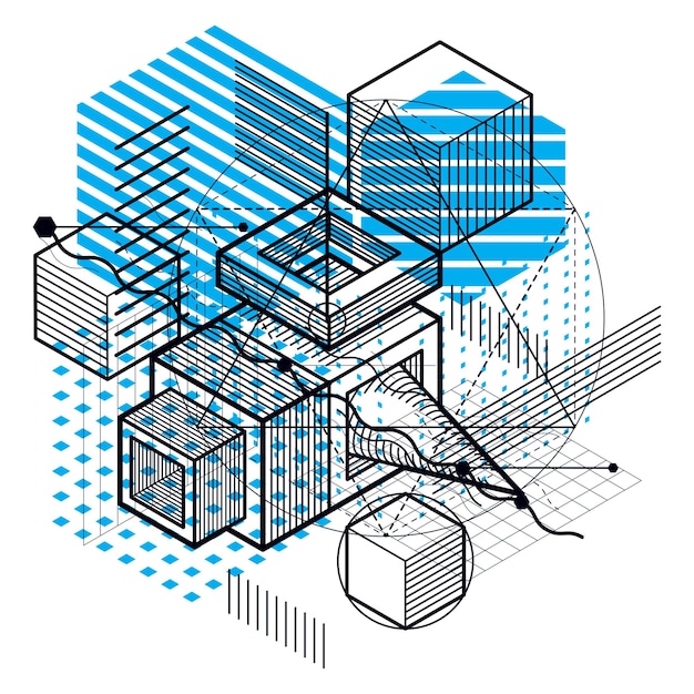 Vector isometric abstract background with lines and other different elements, vector abstract template. composition of cubes, hexagons, squares, rectangles and different abstract elements.