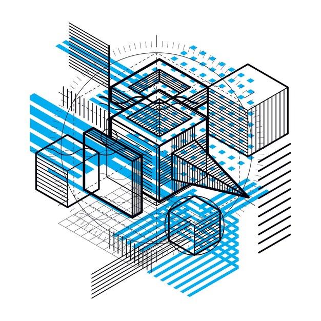 Isometric abstract background with lines and other different elements, vector abstract template. Composition of cubes, hexagons, squares, rectangles and different abstract elements.