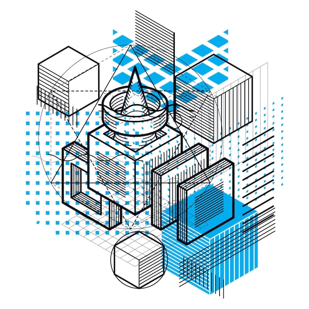 Vector isometric abstract background with lines and other different elements, vector abstract template. composition of cubes, hexagons, squares, rectangles and different abstract elements.