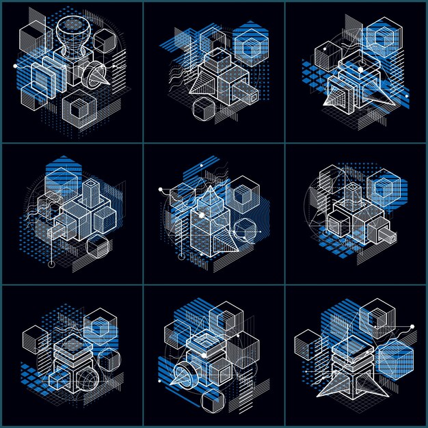 Sfondi astratti isometrici con forme dimensionali lineari, elementi mesh 3d vettoriali. composizioni di cubi, esagoni, quadrati, rettangoli e diversi elementi astratti. collezione vettoriale.