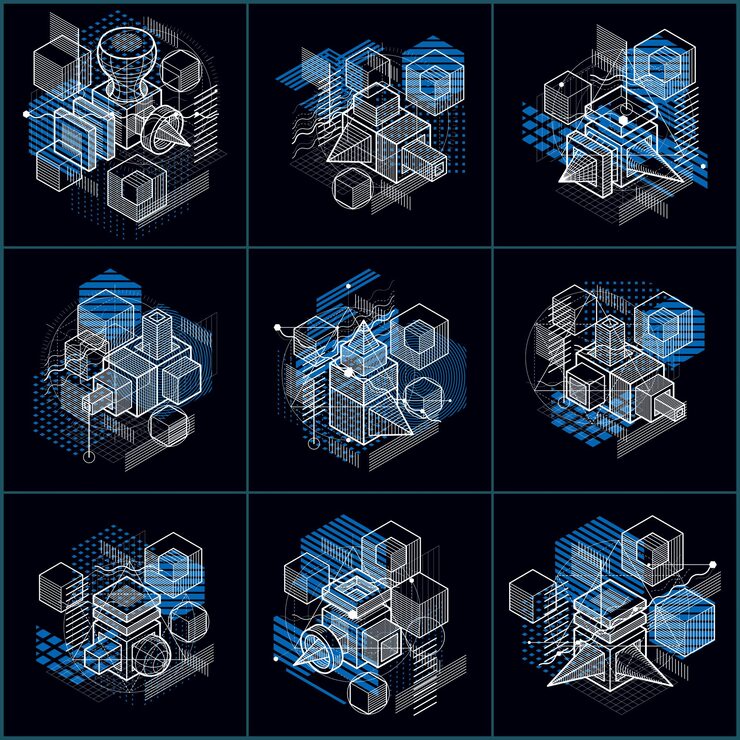 Vector 具有線性維度形狀的同度抽象背景,向量 3d 網格元素.立方體,六角形,正方形,長方形和不同抽象元素的組成.向量收藏.