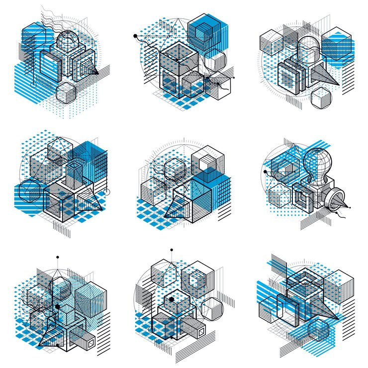 Vector isometric abstract backgrounds with linear dimensional shapes, vector 3d mesh elements. compositions of cubes, hexagons, squares, rectangles and different abstract elements. vector collection.