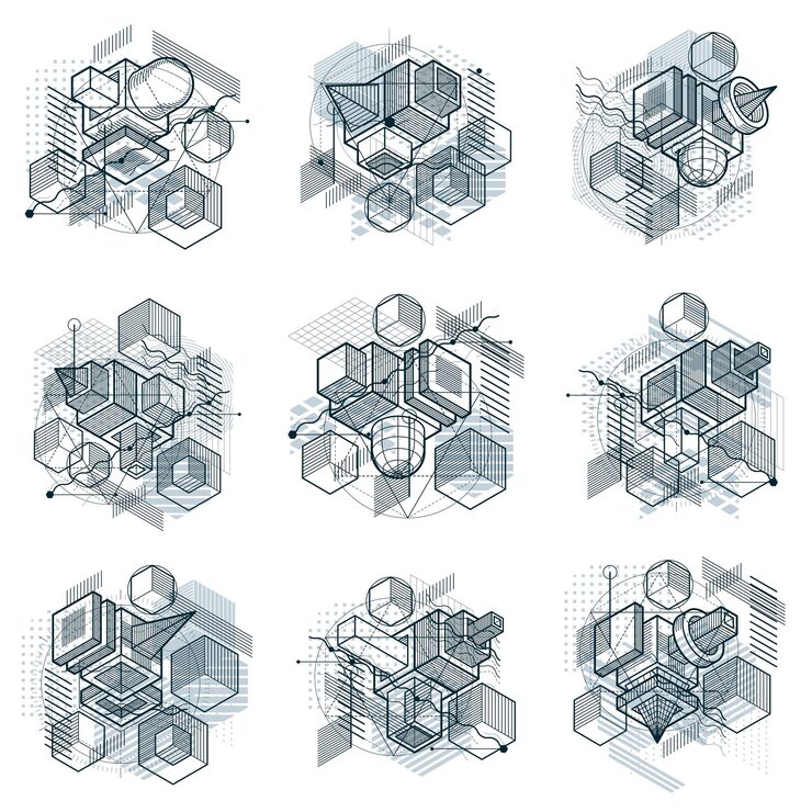 Vector 선형 차원 모양, 벡터 3d 메쉬 요소가 있는 아이소메트릭 추상 배경. 큐브, 육각형, 정사각형, 직사각형 및 다양한 추상 요소의 구성입니다. 벡터 컬렉션입니다.