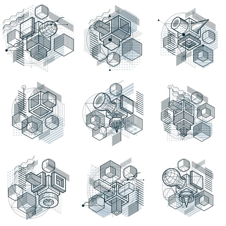 Vector 선형 차원 모양, 벡터 3d 메쉬 요소가 있는 아이소메트릭 추상 배경. 큐브, 육각형, 정사각형, 직사각형 및 다양한 추상 요소의 구성입니다. 벡터 컬렉션입니다.