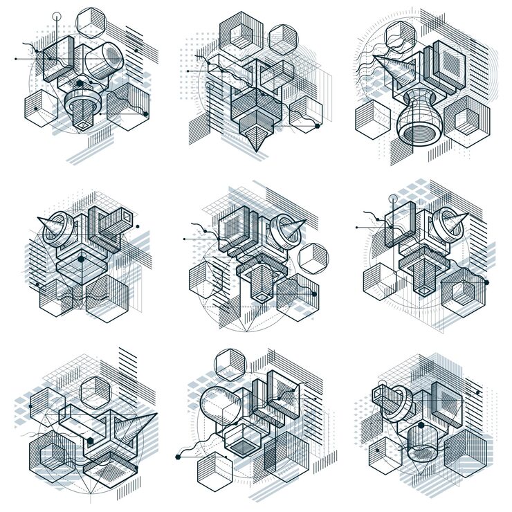 Vector 선형 차원 모양, 벡터 3d 메쉬 요소가 있는 아이소메트릭 추상 배경. 큐브, 육각형, 정사각형, 직사각형 및 다양한 추상 요소의 구성입니다. 벡터 컬렉션입니다.