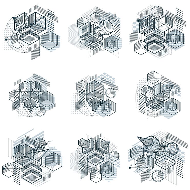 Vector 선형 차원 모양, 벡터 3d 메쉬 요소가 있는 아이소메트릭 추상 배경. 큐브, 육각형, 정사각형, 직사각형 및 다양한 추상 요소의 구성입니다. 벡터 컬렉션입니다.