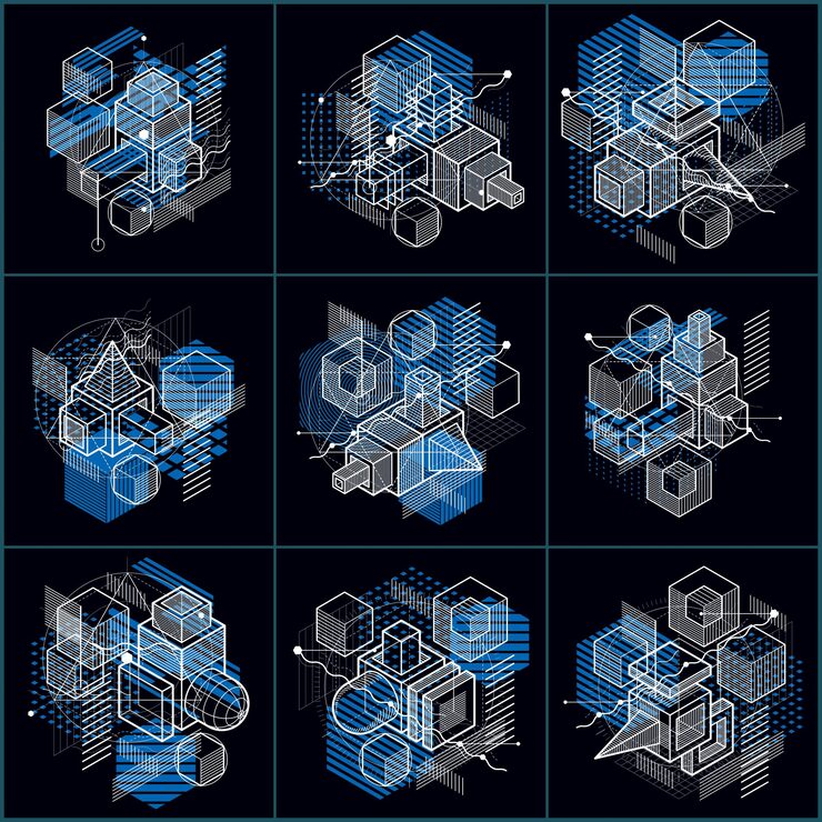 Vector 具有線性維度形狀的同度抽象背景,向量 3d 網格元素.立方體,六角形,正方形,長方形和不同抽象元素的組成.向量收藏.