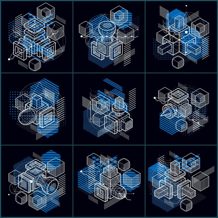 Vector isometric abstract backgrounds with linear dimensional shapes, vector 3d mesh elements. compositions of cubes, hexagons, squares, rectangles and different abstract elements. vector collection.