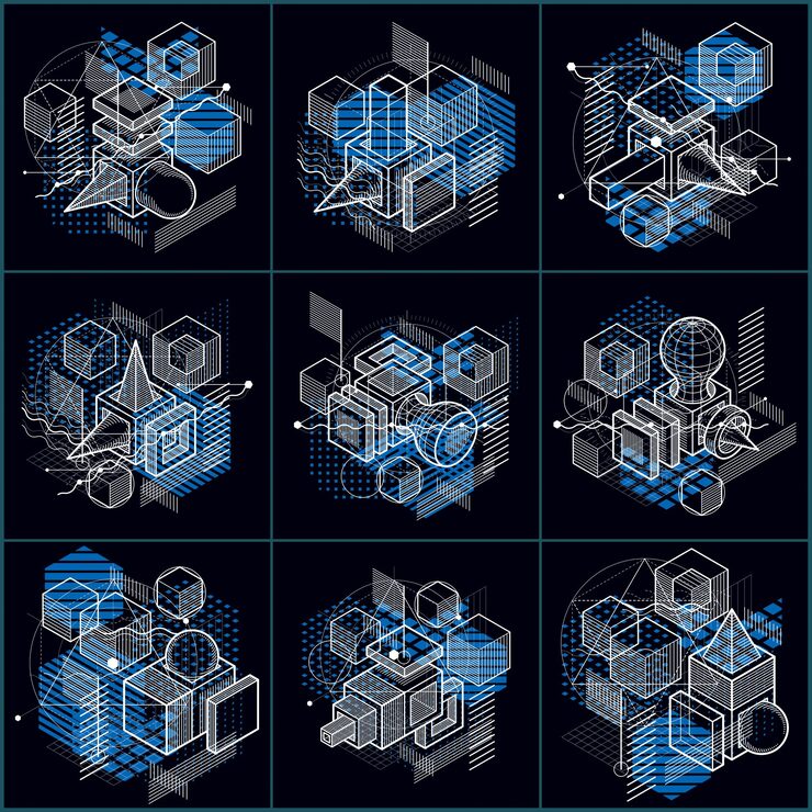 Vector isometric abstract backgrounds with linear dimensional shapes, vector 3d mesh elements. compositions of cubes, hexagons, squares, rectangles and different abstract elements. vector collection.