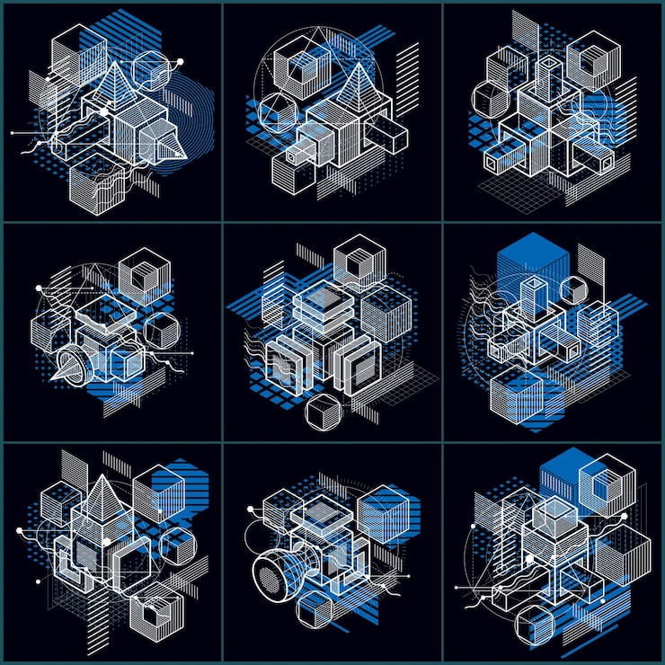 Vector 具有線性維度形狀的同度抽象背景,向量 3d 網格元素.立方體,六角形,正方形,長方形和不同抽象元素的組成.向量收藏.