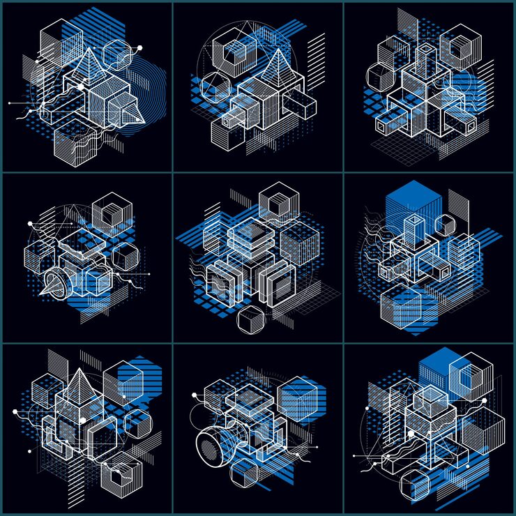 Vector 선형 차원 모양, 벡터 3d 메쉬 요소가 있는 아이소메트릭 추상 배경. 큐브, 육각형, 정사각형, 직사각형 및 다양한 추상 요소의 구성입니다. 벡터 컬렉션입니다.