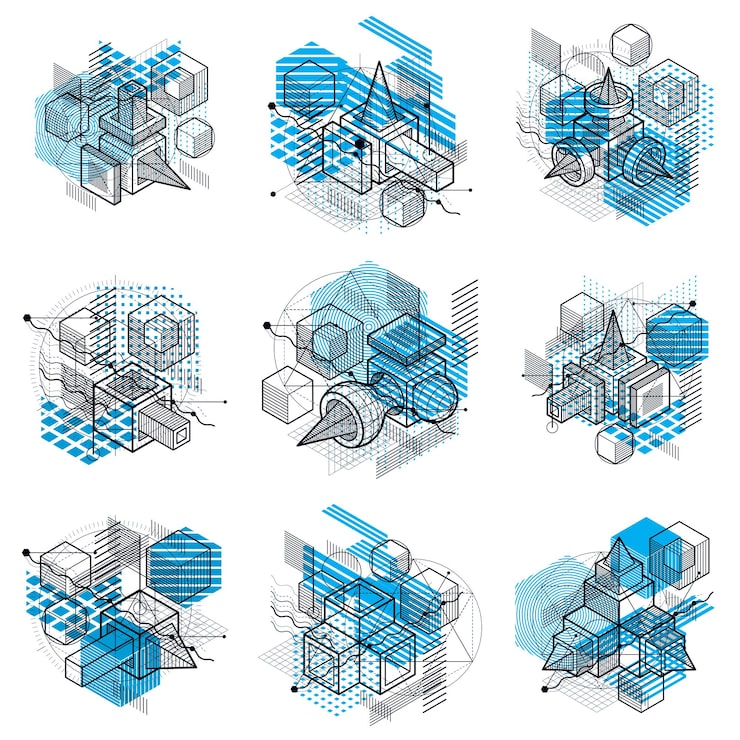 Vector 具有線性維度形狀的同度抽象背景,向量 3d 網格元素.立方體,六角形,正方形,長方形和不同抽象元素的組成.向量收藏.