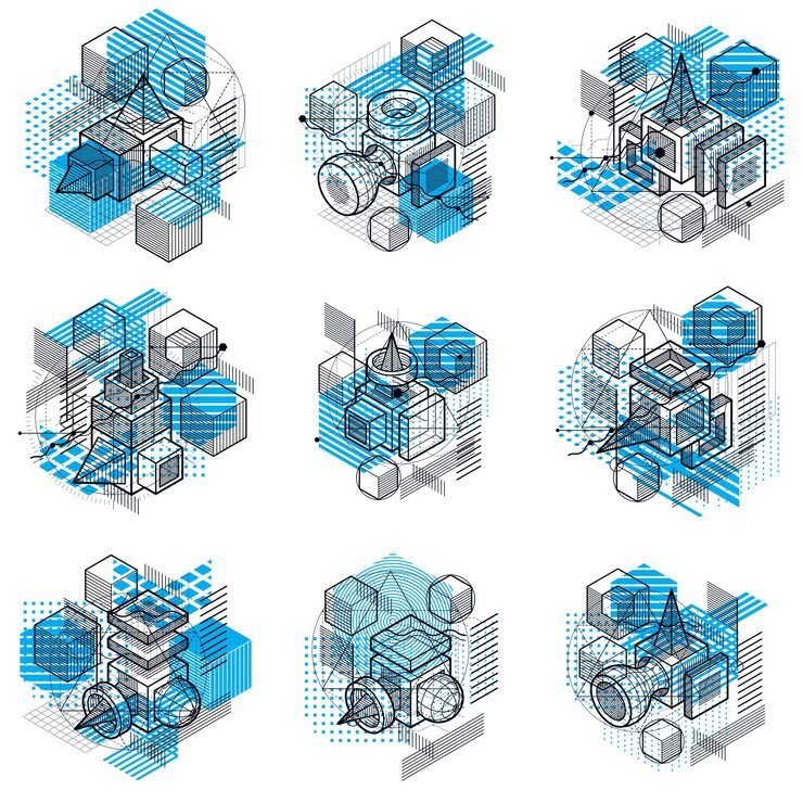 Vector 선형 차원 모양, 벡터 3d 메쉬 요소가 있는 아이소메트릭 추상 배경. 큐브, 육각형, 정사각형, 직사각형 및 다양한 추상 요소의 구성입니다. 벡터 컬렉션입니다.