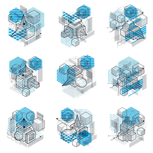 isometric abstract backgrounds with linear dimensional shapes, vector 3d mesh elements. compositions of cubes, hexagons, squares, rectangles and different abstract elements. vector collection.