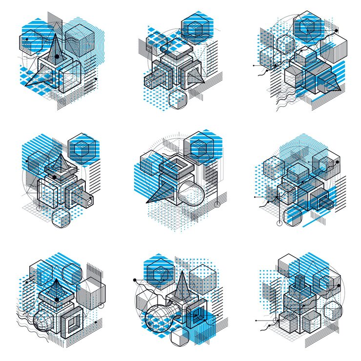 Vector 선형 차원 모양, 벡터 3d 메쉬 요소가 있는 아이소메트릭 추상 배경. 큐브, 육각형, 정사각형, 직사각형 및 다양한 추상 요소의 구성입니다. 벡터 컬렉션입니다.
