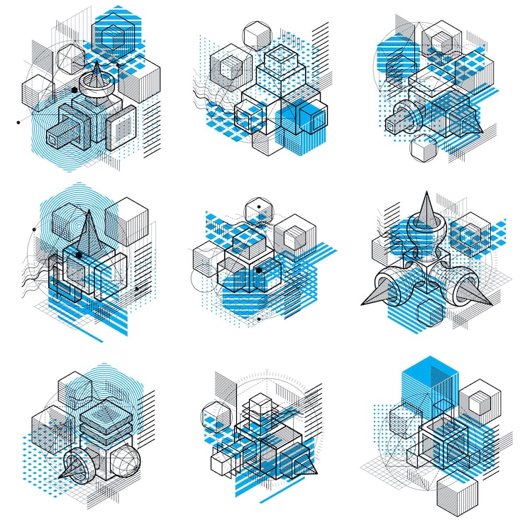 Vector 具有線性維度形狀的同度抽象背景,向量 3d 網格元素.立方體,六角形,正方形,長方形和不同抽象元素的組成.向量收藏.