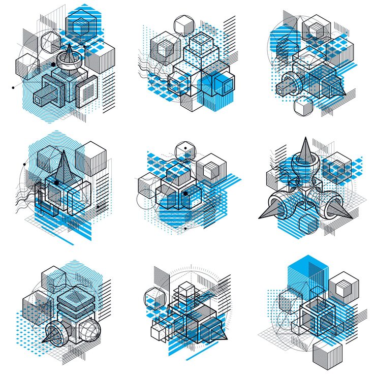 Vector isometric abstract backgrounds with linear dimensional shapes, vector 3d mesh elements. compositions of cubes, hexagons, squares, rectangles and different abstract elements. vector collection.
