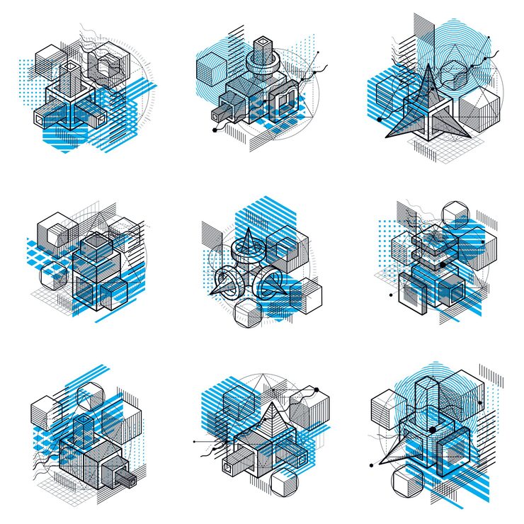 Vector 선형 차원 모양, 벡터 3d 메쉬 요소가 있는 아이소메트릭 추상 배경. 큐브, 육각형, 정사각형, 직사각형 및 다양한 추상 요소의 구성입니다. 벡터 컬렉션입니다.