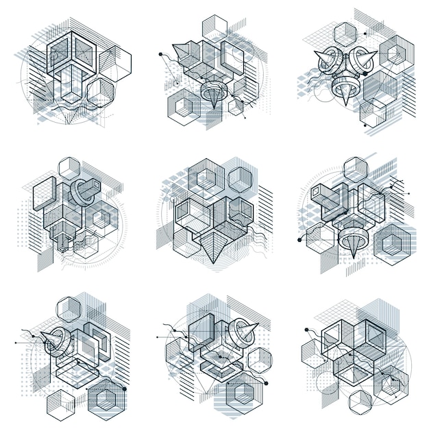 Вектор Изометрические абстрактные фоны с линейными размерными формами, векторными элементами 3d сетки. композиции из кубов, шестиугольников, квадратов, прямоугольников и различных абстрактных элементов. векторная коллекция.