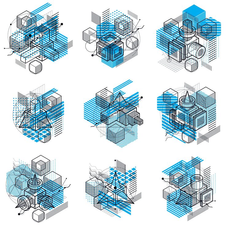 Vector 선 및 기타 다른 요소가 있는 아이소메트릭 추상 배경, 벡터 추상 템플릿. 큐브, 육각형, 정사각형, 직사각형 및 다양한 추상 요소의 구성입니다. 벡터 집합입니다.