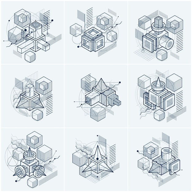 Isometric abstract backgrounds with lines and other different elements, vector abstract templates. Compositions of cubes, hexagons, squares, rectangles and different abstract elements. Vector set.