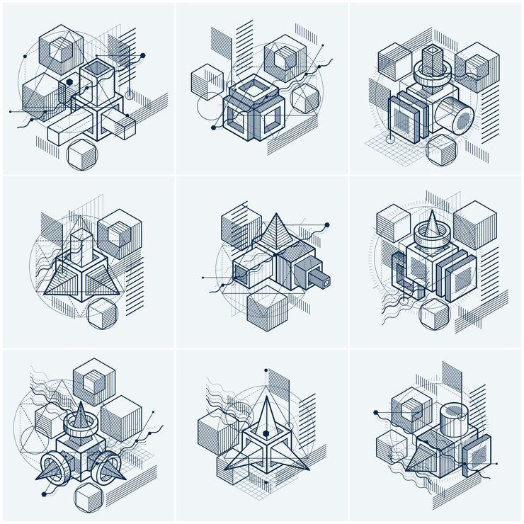 Vector 선 및 기타 다른 요소가 있는 아이소메트릭 추상 배경, 벡터 추상 템플릿. 큐브, 육각형, 정사각형, 직사각형 및 다양한 추상 요소의 구성입니다. 벡터 집합입니다.