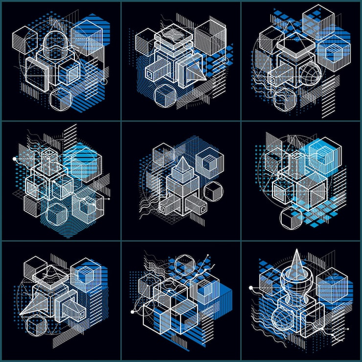 Vector 선 및 기타 다른 요소가 있는 아이소메트릭 추상 배경, 벡터 추상 템플릿. 큐브, 육각형, 정사각형, 직사각형 및 다양한 추상 요소의 구성입니다. 벡터 집합입니다.