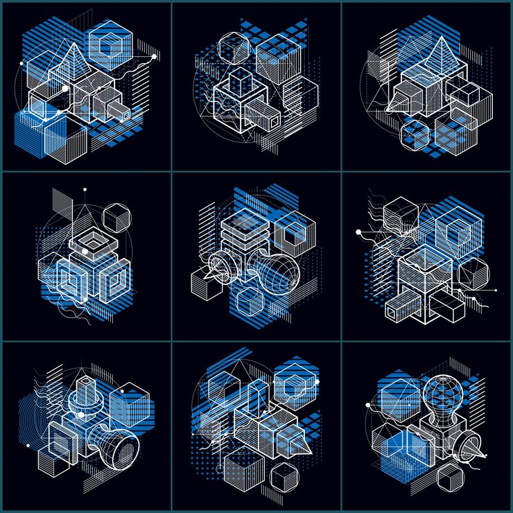 Vector 선 및 기타 다른 요소가 있는 아이소메트릭 추상 배경, 벡터 추상 템플릿. 큐브, 육각형, 정사각형, 직사각형 및 다양한 추상 요소의 구성입니다. 벡터 집합입니다.