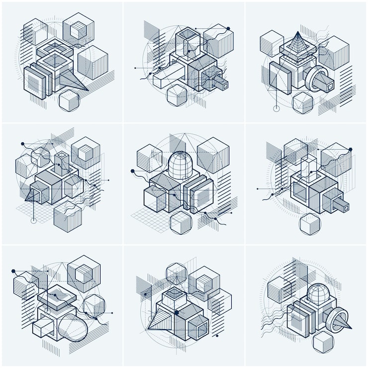 Vector 선 및 기타 다른 요소가 있는 아이소메트릭 추상 배경, 벡터 추상 템플릿. 큐브, 육각형, 정사각형, 직사각형 및 다양한 추상 요소의 구성입니다. 벡터 집합입니다.