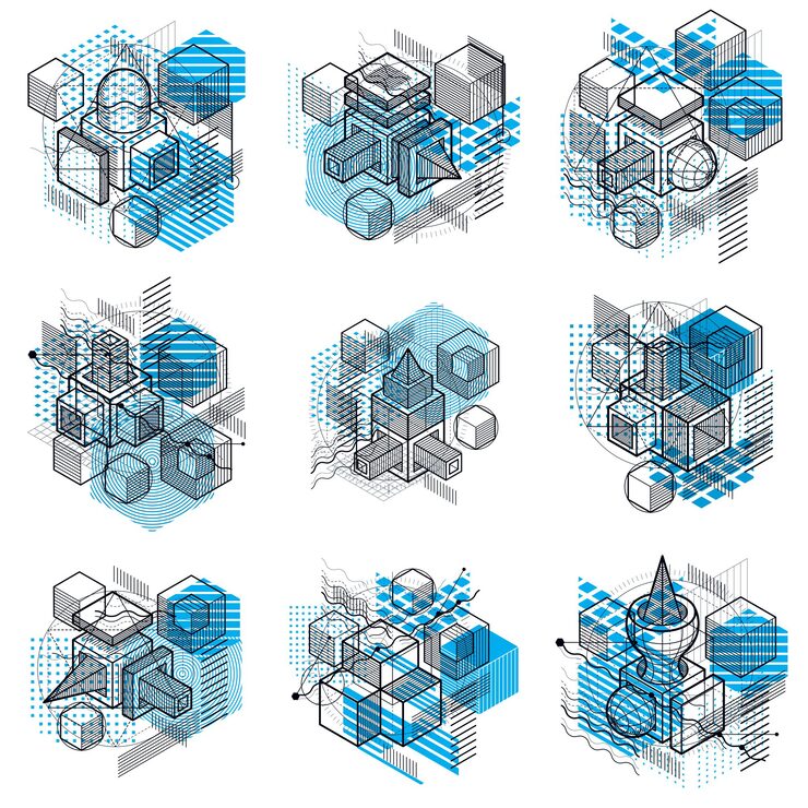 Vector isometric abstract backgrounds with lines and other different elements, vector abstract templates. compositions of cubes, hexagons, squares, rectangles and different abstract elements. vector set.