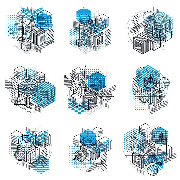 Vector isometric abstract backgrounds with lines and other different elements, vector abstract templates. compositions of cubes, hexagons, squares, rectangles and different abstract elements. vector set.