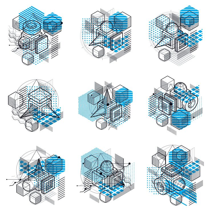 Вектор изометрические абстрактные фоны с линиями и другими элементами, векторные абстрактные шаблоны. композиции из кубов, шестиугольников, квадратов, прямоугольников и различных абстрактных элементов. векторный набор.