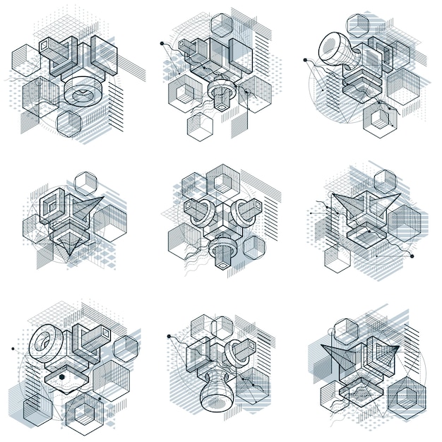 isometric abstract backgrounds with lines and other different elements, vector abstract templates. compositions of cubes, hexagons, squares, rectangles and different abstract elements. vector set.