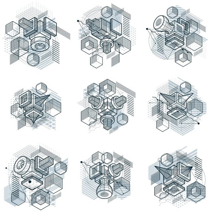 Vector isometric abstract backgrounds with lines and other different elements, vector abstract templates. compositions of cubes, hexagons, squares, rectangles and different abstract elements. vector set.