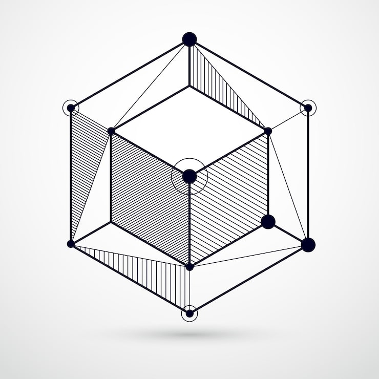 Vector isometric abstract black and white background with linear dimensional cube shapes, vector 3d mesh elements. layout of cubes, hexagons, squares, rectangles and different abstract elements.