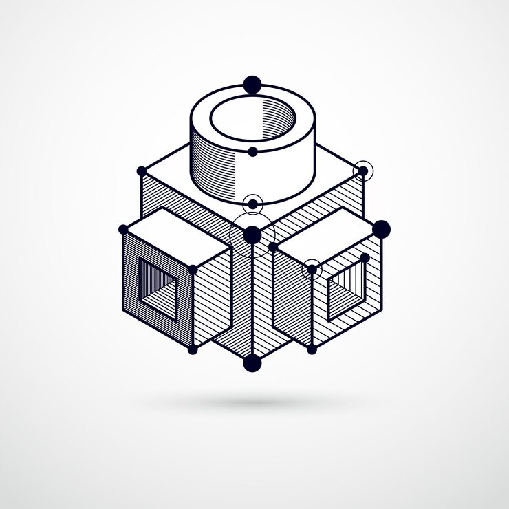 Vector isometric abstract black and white background with linear dimensional cube shapes, vector 3d mesh elements. layout of cubes, hexagons, squares, rectangles and different abstract elements.