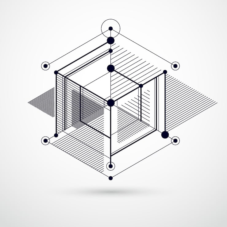 Vector 模擬的黑白背景與線性維度立方體形狀,向量 3d 網格元素立方體,六角形,正方形,長方形和不同抽象元素的布局
