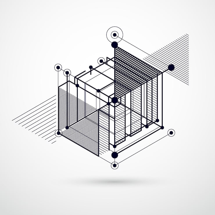 Vector isometric abstract black and white background with linear dimensional cube shapes, vector 3d mesh elements. layout of cubes, hexagons, squares, rectangles and different abstract elements.