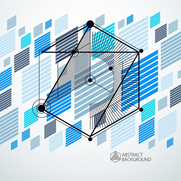 Vector isometric abstract blue background with linear dimensional cube shapes, vector 3d mesh elements. layout of cubes, hexagons, squares, rectangles and different abstract elements.