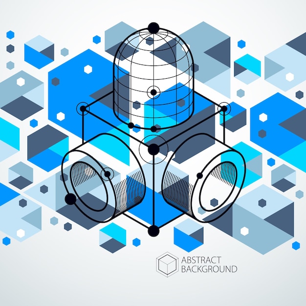 Isometric abstract blue background with linear dimensional cube shapes, vector 3d mesh elements. layout of cubes, hexagons, squares, rectangles and different abstract elements.