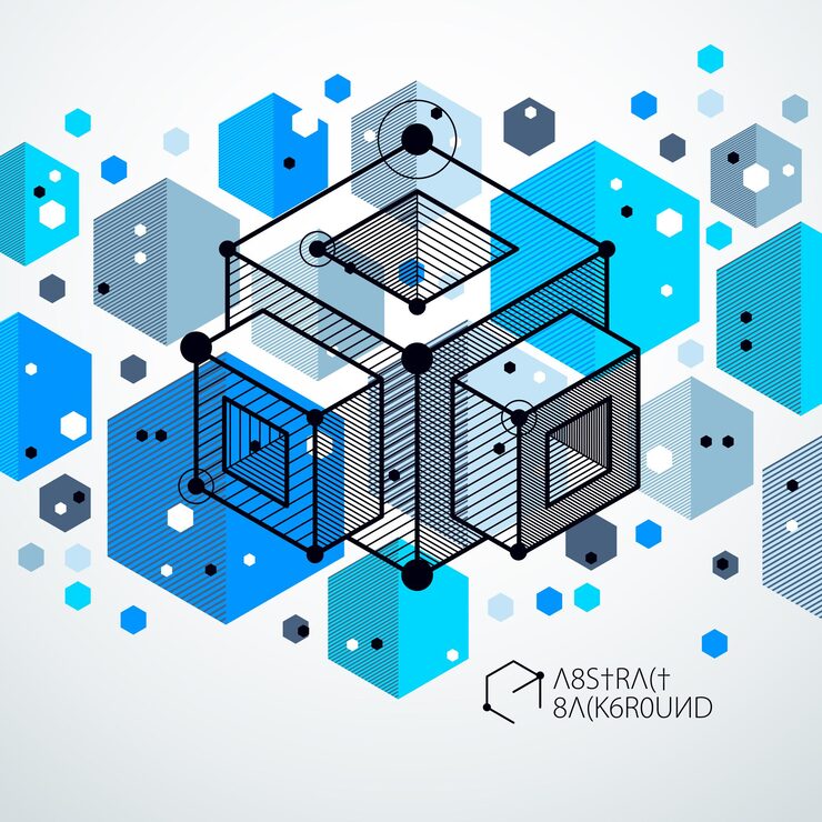 Vector isometric abstract blue background with linear dimensional cube shapes, vector 3d mesh elements. layout of cubes, hexagons, squares, rectangles and different abstract elements.