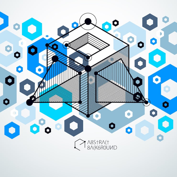 Вектор изометрический абстрактный синий фон с линейными размерными формами куба, векторными элементами 3d сетки. расположение кубов, шестиугольников, квадратов, прямоугольников и различных абстрактных элементов.